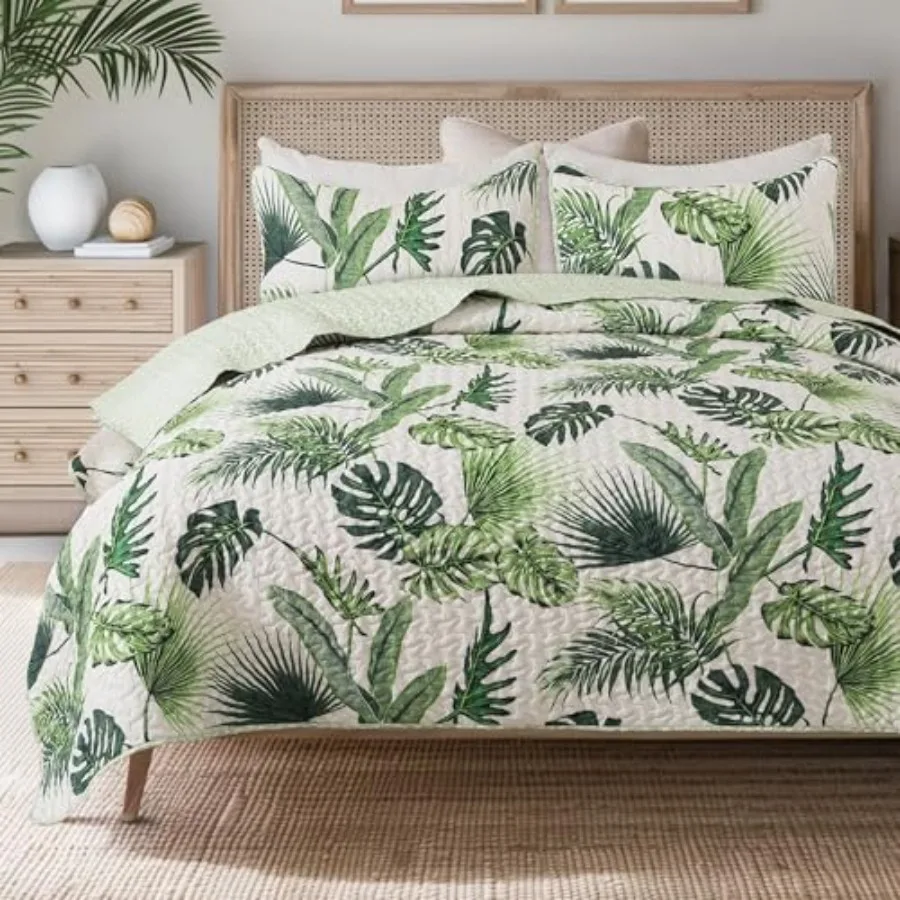 

Tropical Quilt Set and 1 Sham, Palm Tree Comforter Set, Hawaiian Bedding with Botanical Island Theme Design, Coastal Quilt and