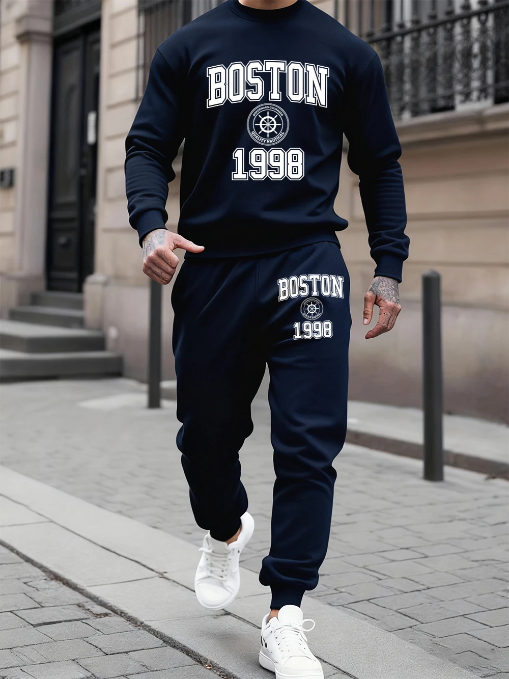 2 قطعة مجموعة هوديس الرجال مدينة بوسطن 1998 الفن إلكتروني يطبع Sweatpants الشتاء الصوف الدافئة Crewneck السراويل هودي ملابس رياضية فضفاضة