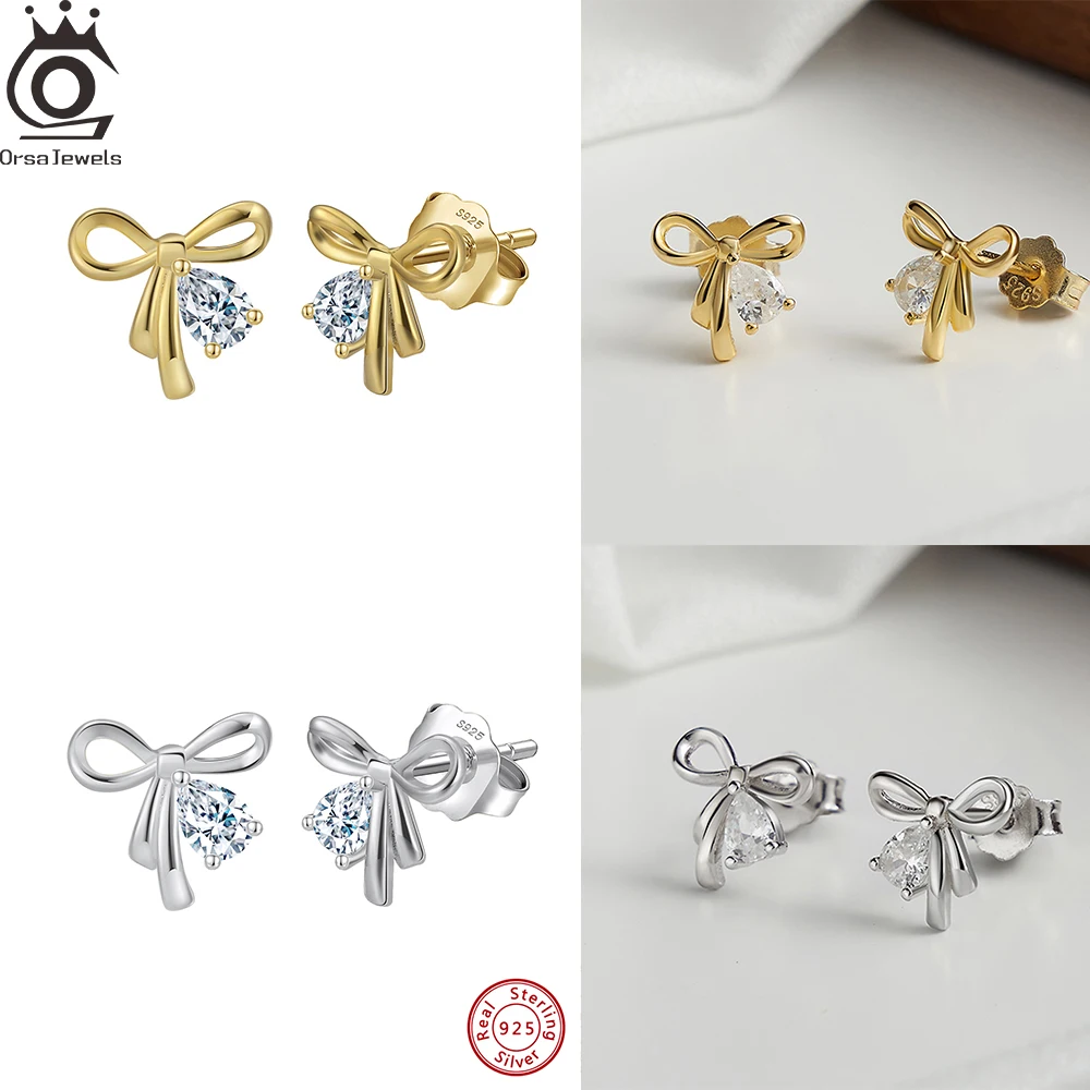 

ORSA JEWELS однотонные серьги-гвоздики из стерлингового серебра 925 пробы с бантом и цирконием, мини-лента с бантом, милые серьги-гвоздики с пирсингом SE409