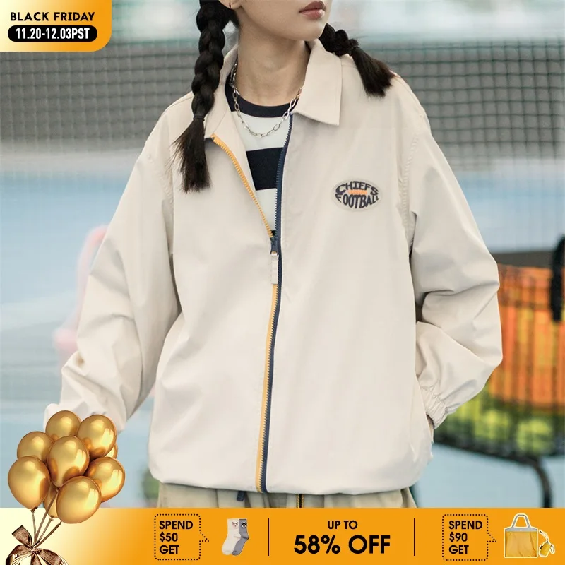 

Maden-Women's American Retro Coach Jacket, Contrast Zipper Baseball Coat, Polo Collar, Street Top, Autumn