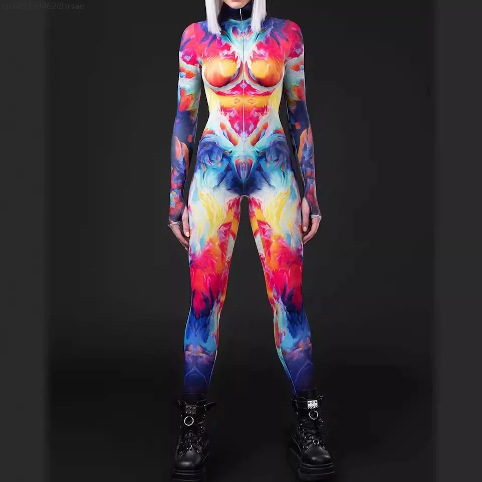 

2025 Bright Coloured Drawing Armor Cyber Jumpsuit Cosplay Zentai Bodysuit Costume Halloween Party Performance Suit