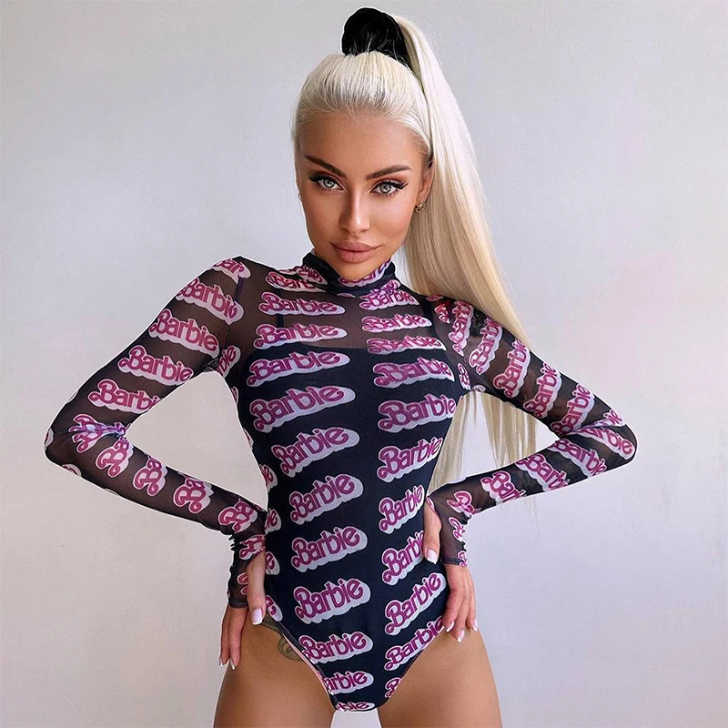 Bodysuit Mesh Baddie outfit Fashion Clothing bodys woman trend 2024 Thin Long Sleeve One Pieces Streetwear pink Printed Romper