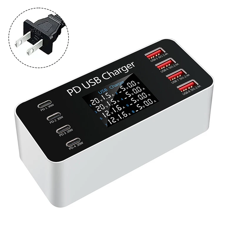 8 Port USB Charging Station with Intelligent Digital Display and PD30W Fast Charging Capability for Multiple Devices