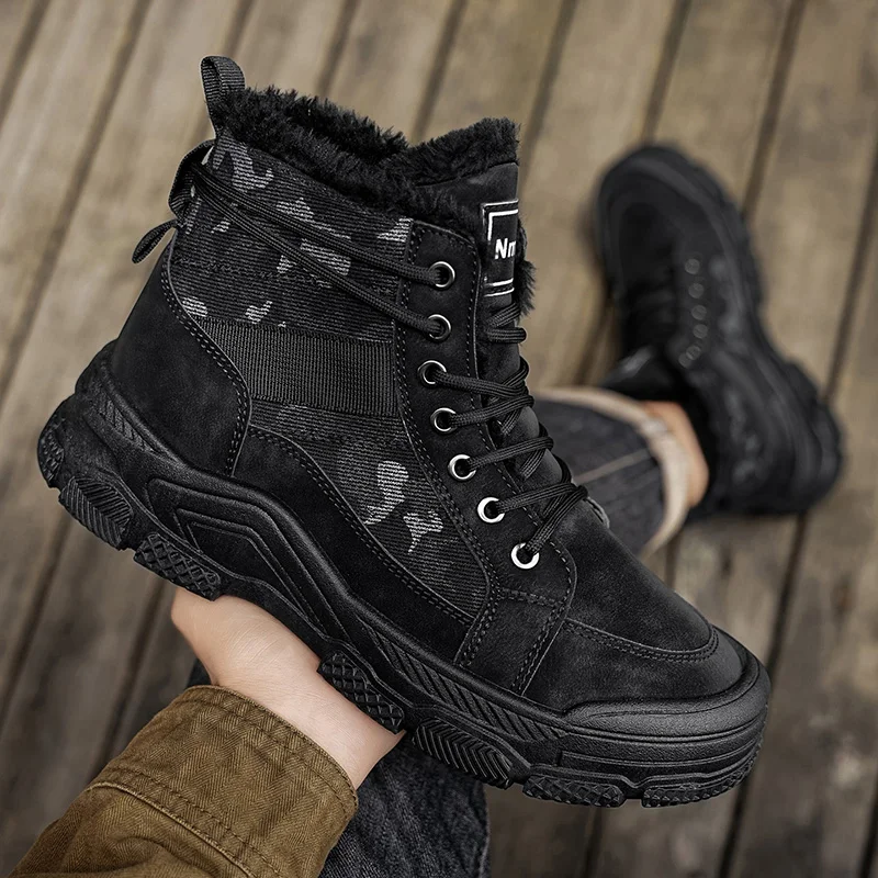 

Winter Fleece Warm High-top Men's Shoes New Trendy Casual Solid Color Large Size Lace-up Flat Low-heeled Outdoor Work Boots