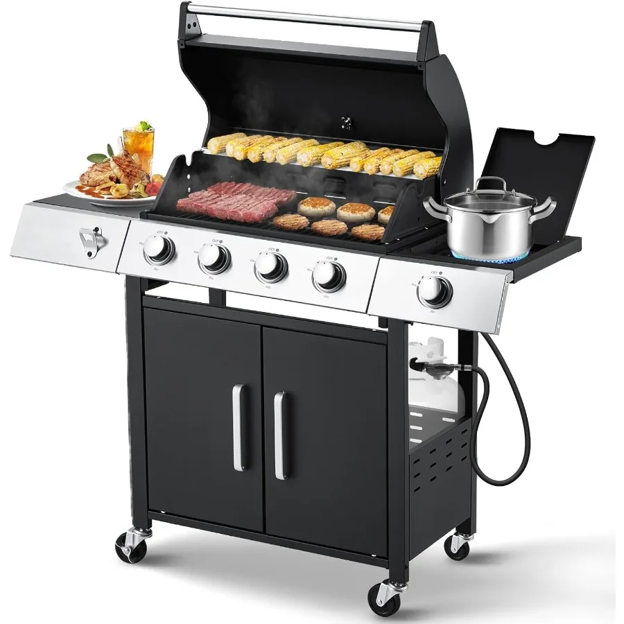 

44000 BTU Stainless Steel 4-Burner Propane BBQ Grill with Side Stove and Cast Iron Grates for Patio and Camping Outdoor Cooking