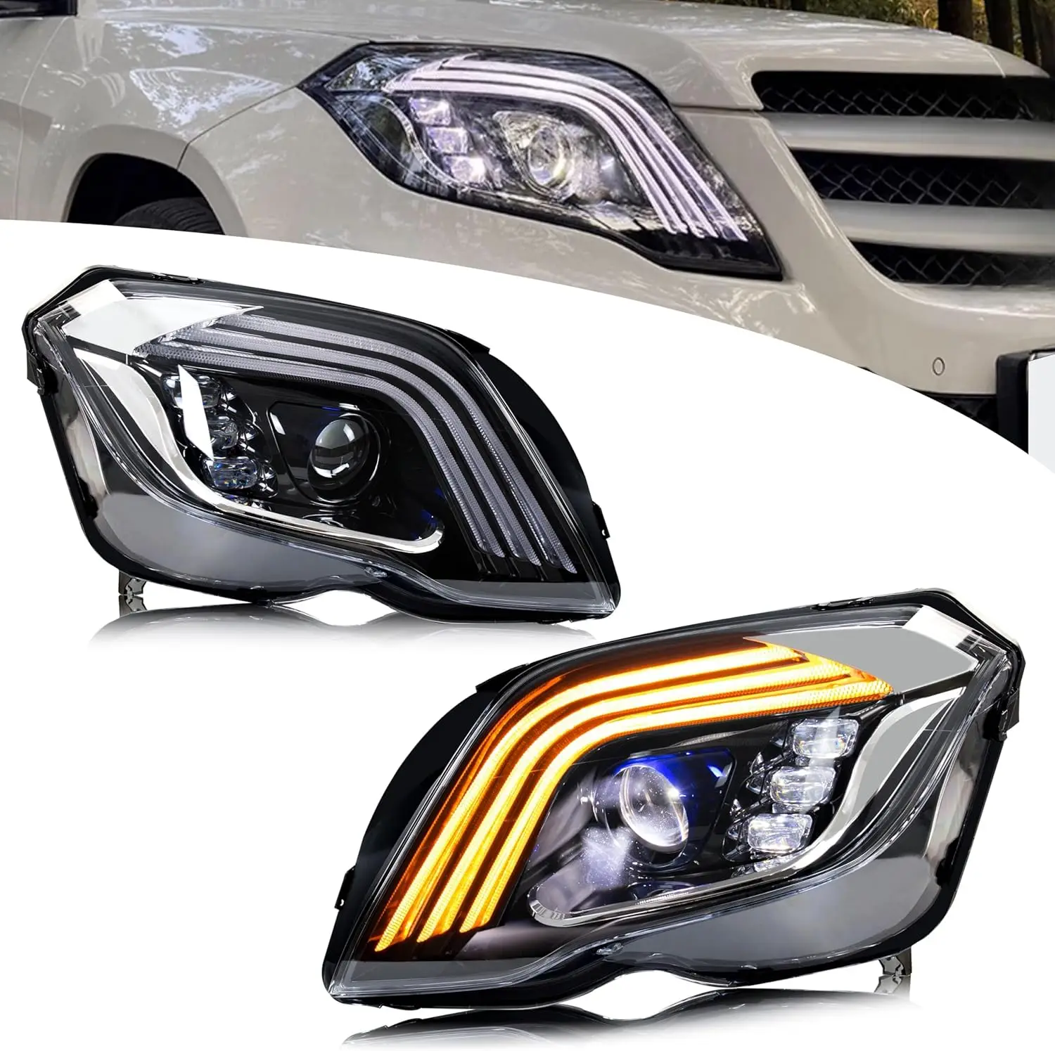 

Headlights for Mercedes Benz GLK 300 GLK 350 2013 2014 2015 with Sequential Turn Signal Dynamic Animation [Halogen Model Only]