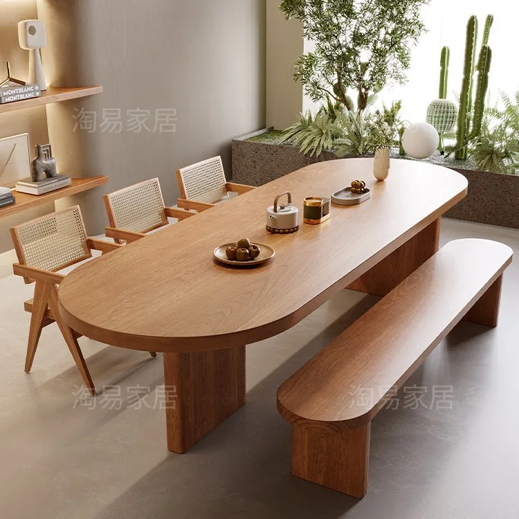 Nordic log workbench household solid wood dining table meal book integrated oval table