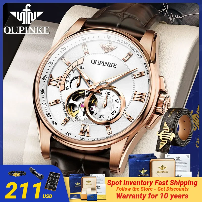 OUPINKE 3222 Top Brand Men's Watches Mechanical Automatic Waterproof Skeleton Male Wrist Watch Leather Strap Relogio Masculino