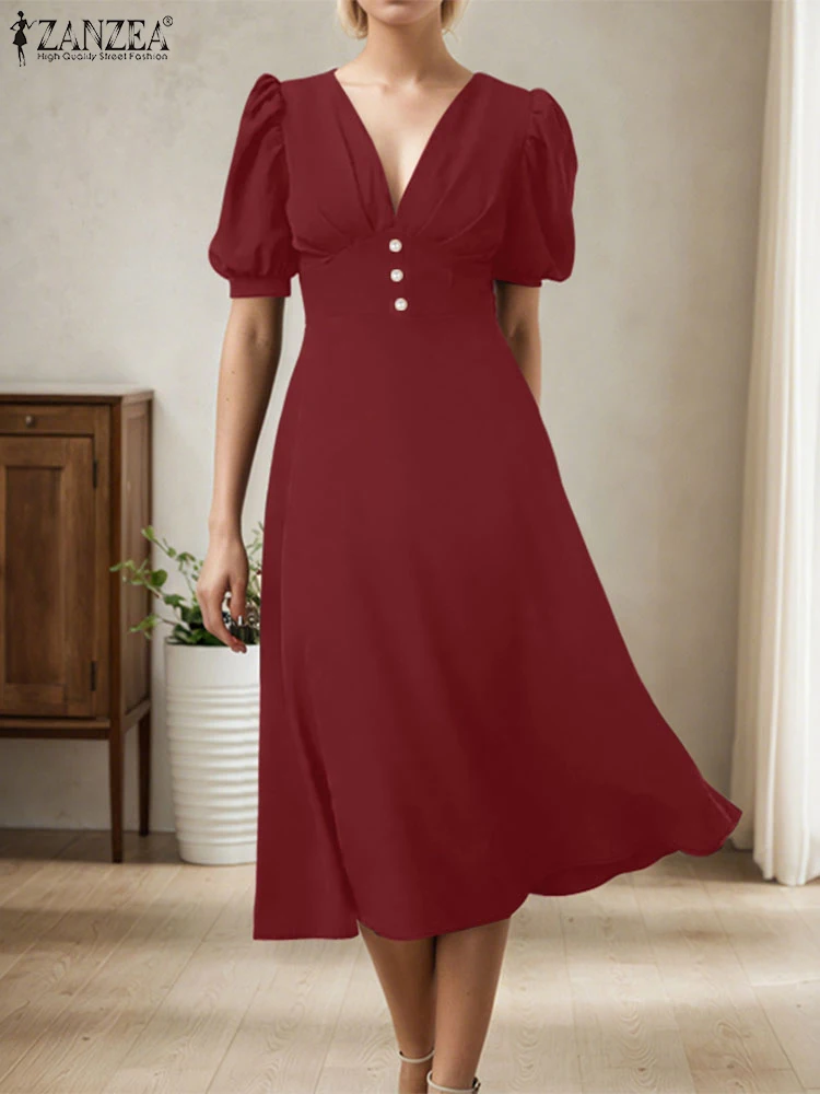 

ZANZEA Women Fashion High Waist Midi Dresses Elegant Short Puff Sleeve V-Neck A-line Robes Femme Vacation Solid Party Vestidos