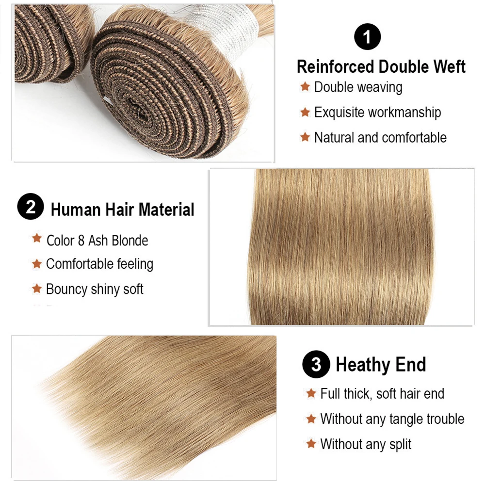 Ash Blonde Color Human Hair 3 Bundles With 4x4 Lace Closure Straight Indian Remy Hair Extension Double Wefts 95g/PC Full End