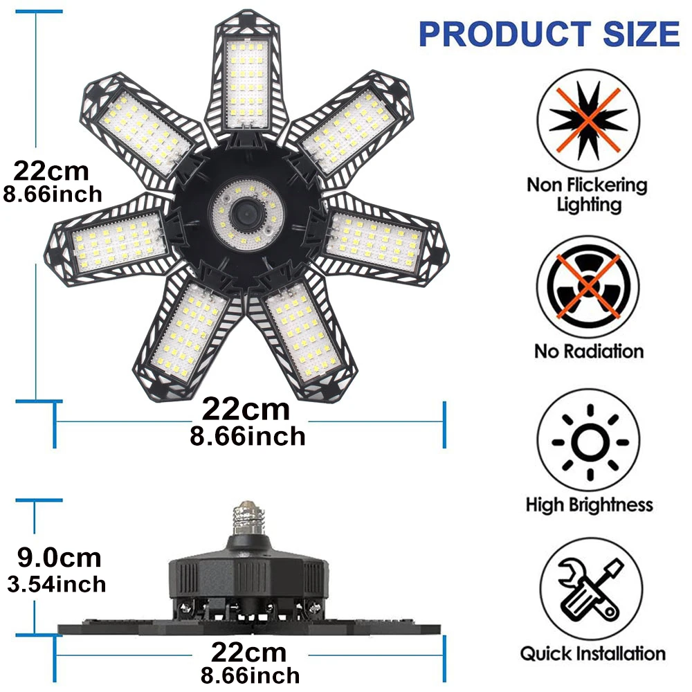 Lámpara Led Deformable para garaje, iluminación de techo con 7 + 1 paneles, luz diurna de 6500K, luz Deformable para tienda, decoración del hogar, taller y sótano