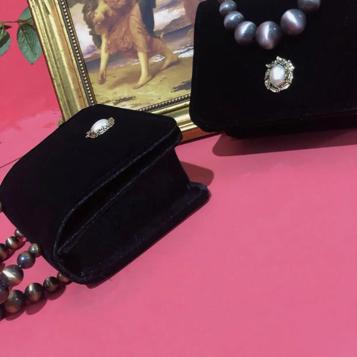 Lost in Vintage 1960s  Velvet Handbag Square Flat Evening Bag Black Fabric with Gold & Pearls Purse Mini Clutch Clasp Purse