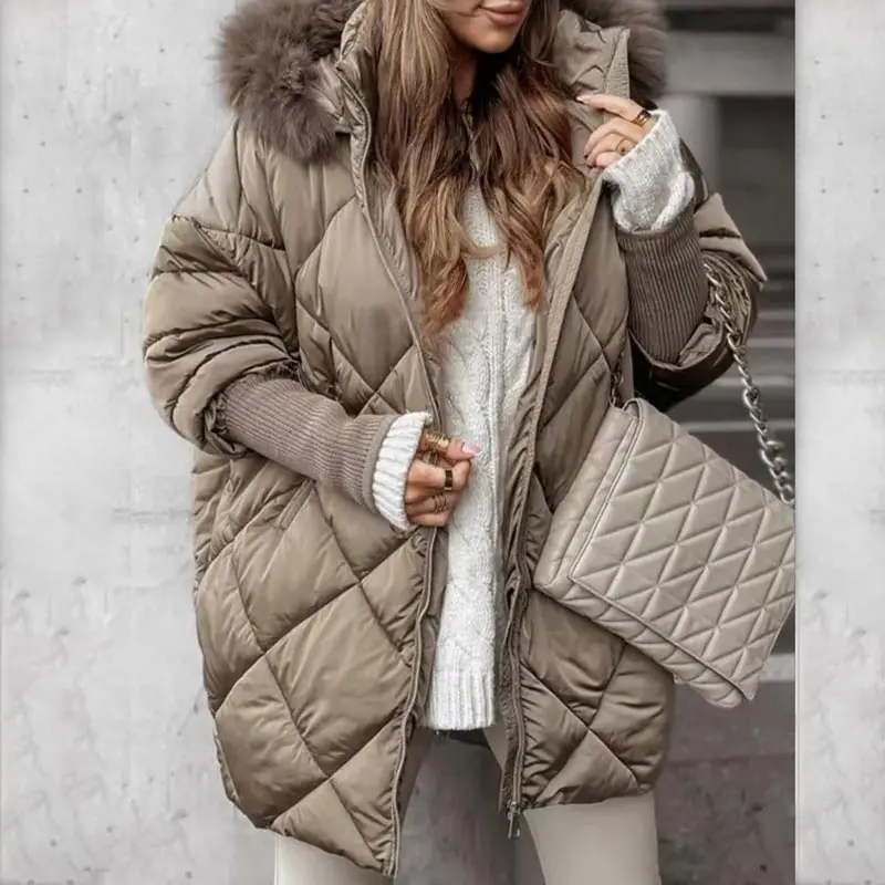 Women’s Hooded Casual Parka Padded Coat Winter Warm Cardigan Jacket With Knit Sleeves Patchwork