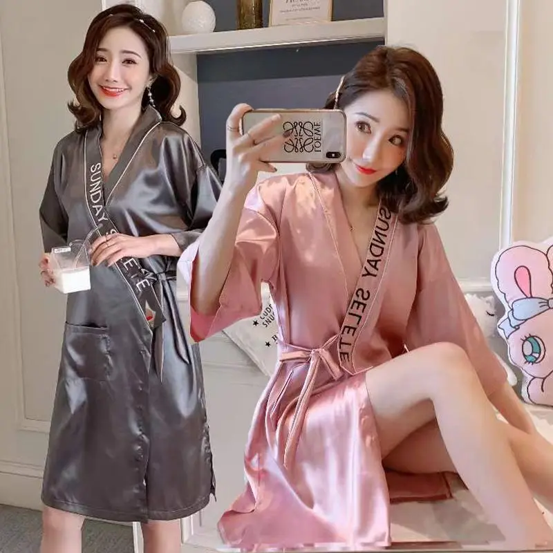 Ice silk nightgown women summer sexy pajamas lace spring and autumn long sleeve lace-up bathrobe women bathrobe single piece