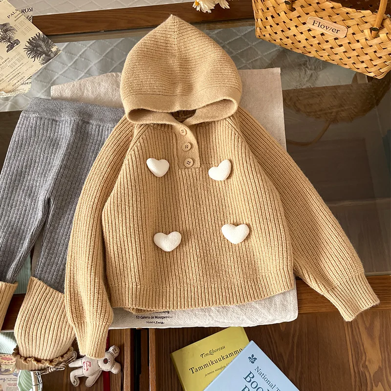 Autumn Winter Girls Love Hooded Knitted Sweater Woolen Leggings Pile Socks Two-Piece Set Cute Warm Children Outfit for Girls