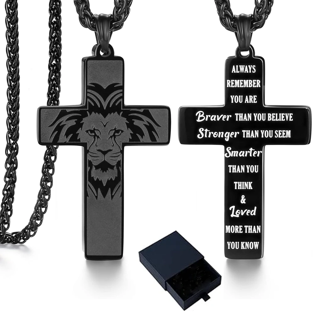Stainless Steel Men Necklace Strength Faith Gift for Him-Masculine Cross Necklace-Bold Lion Head and Cross Inspiring Message Box