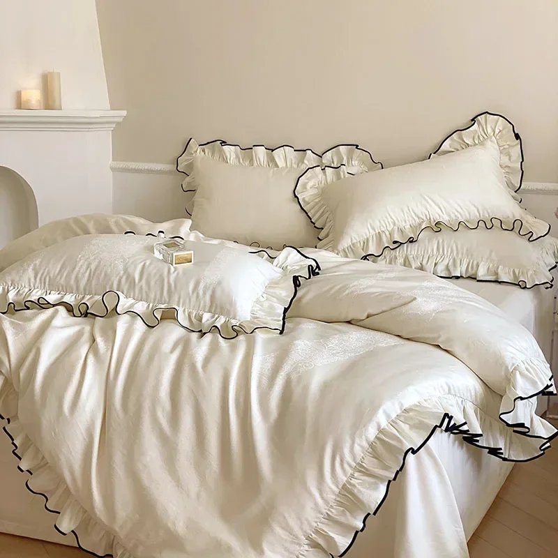 Luxury 1000TC Egyptian Cotton French Princess Wedding Bedding Set Ruffles Black Edge Jacquard Duvet Cover Bed Sheet Pillowcases