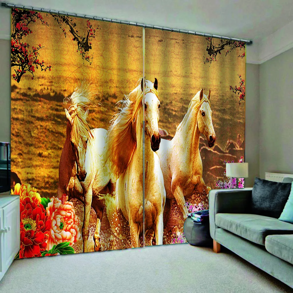 Golden curtains horse 3D Curtain Luxury Blackout Window Curtain Living Room blackout curtains