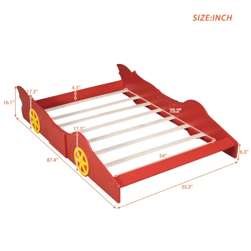 Full Size Race Car-Shaped Plataforma Cama com Rodas, Cama Vermelha