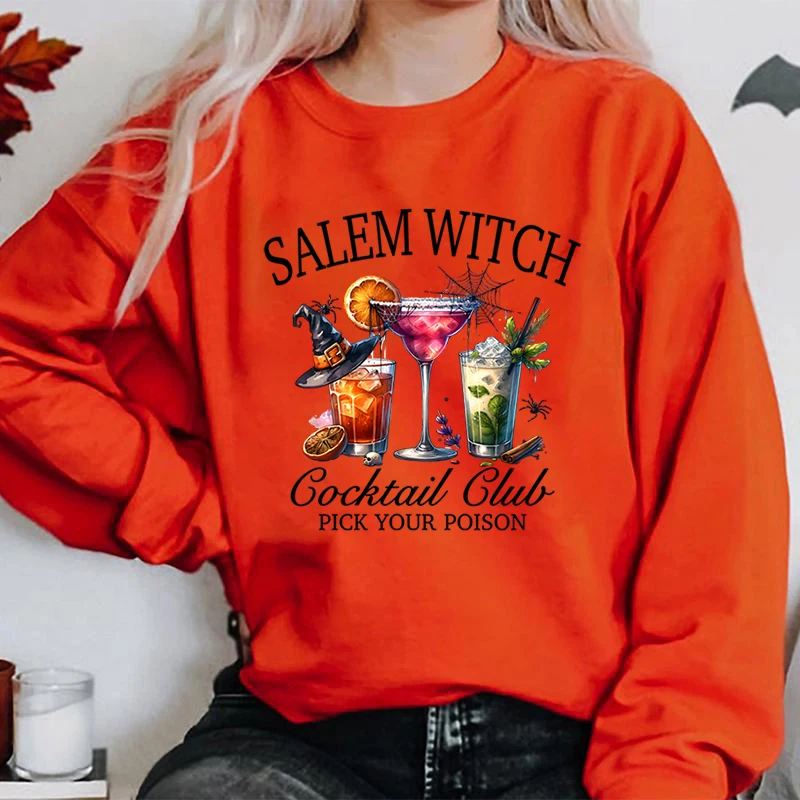 Halloween Salem Witch Cocktail Club Print Hoodless Sweatshirt Women Fashion Creative Halloween Sweatshirt Autumn Winter Pullover