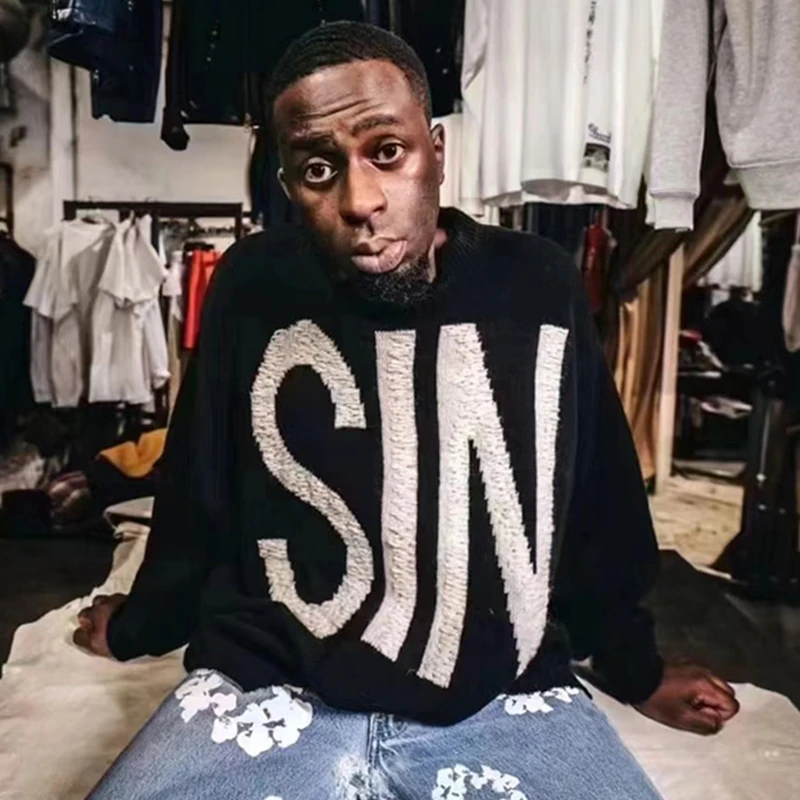 

2025fw SIN Saint Sweater Men Women Black Heavy Fabric Unisex Crewneck Knit Sweatshirts