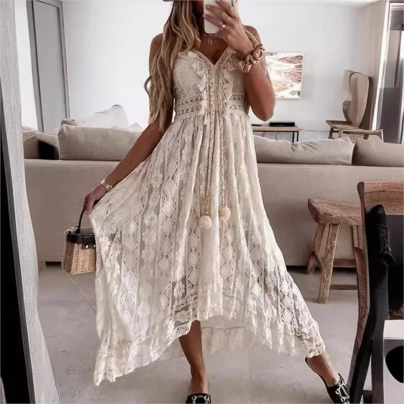 Boho Camis Dress Women Summer New Sexy Sleeveless White Sling Lace Dresses Beach Holiday Wedding Dresses V Neck Long Sundress