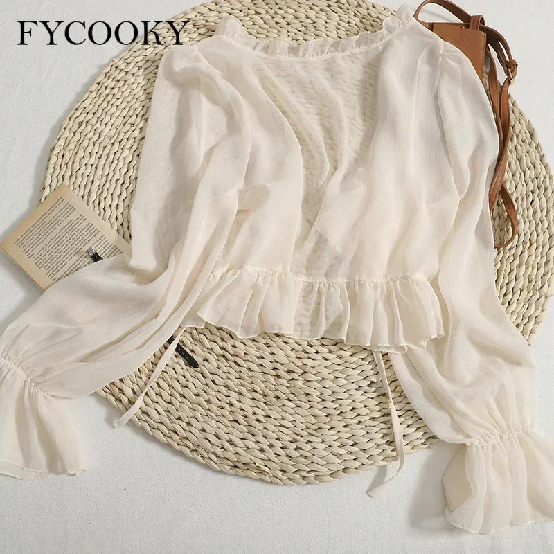Chemise en mousseline de soie à volants pour femme, cardigans à col en V, manches évasées froncées, crème solaire, solide, mince, doux, été, 2025