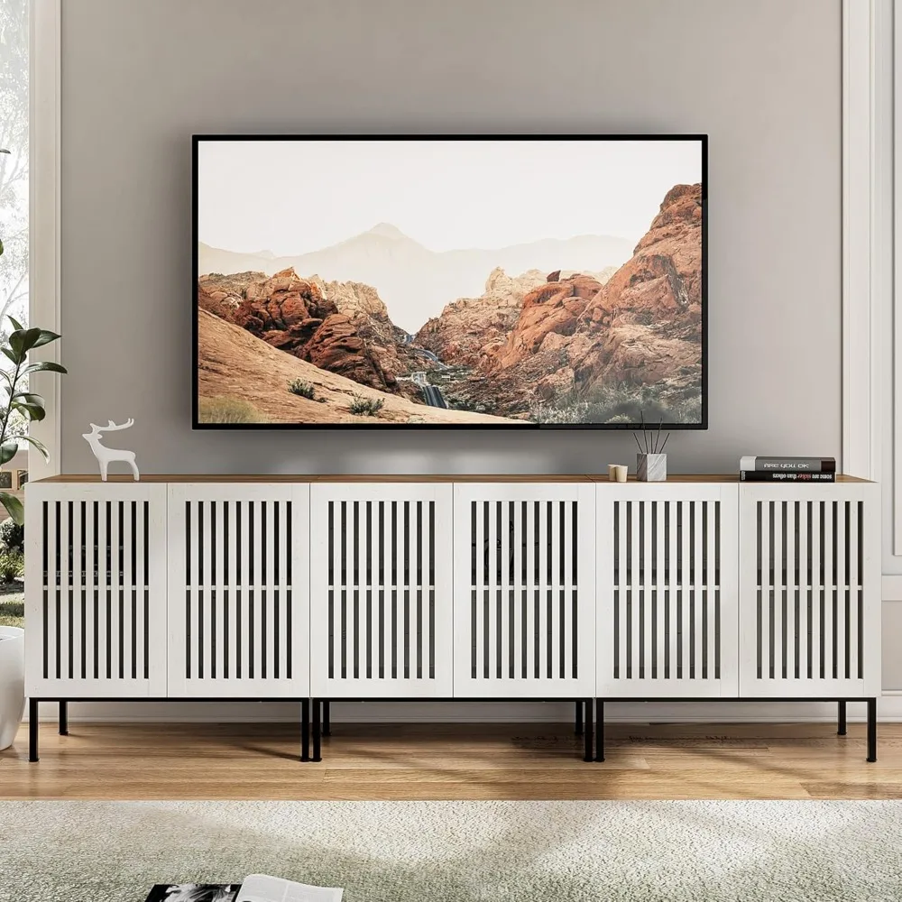 Supporto TV Farmhouse da 95", centro di intrattenimento con base in metallo e ripiani regolabili, console TV 3 in 1 con 6 ante, bianco antico