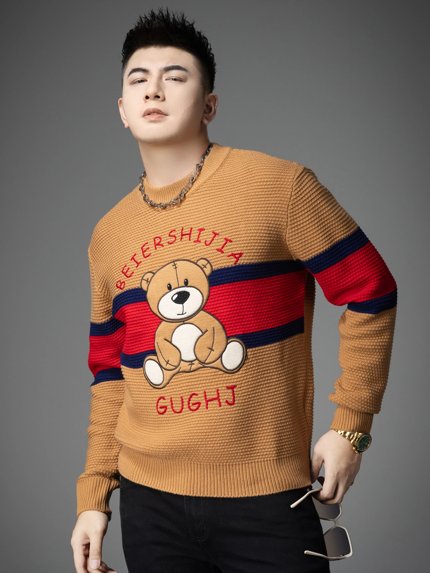 

European Sle Thiened round Ne Knitted Sweater for Men Faionable Embroidered Bear Design Autumn Winter New Arrival