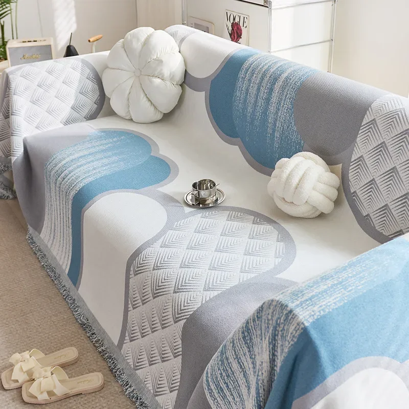 1PC Chenille Sofa Towel All-cover Coffee Striped Pattern Sofa Throw Blanket with Tassels Couch Protector Double Face Usable