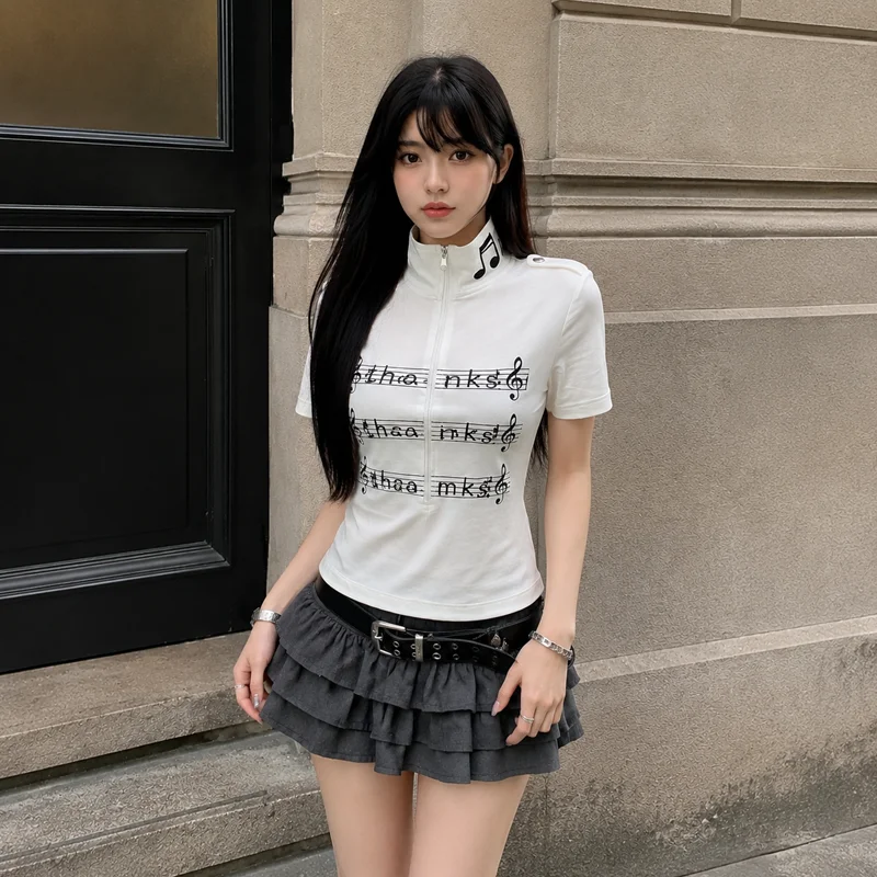 Sommer Damen Preppy Y2K Streetwear Musiknoten-Print Halber Reißverschluss Stehkragen Bodycon Kurzarm-T-Shirts – Detail 5