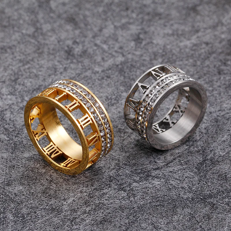 Stainless Steel Gold Silver Color Rings For Women Trendy Zircon Hollow Roman Numerals Wedding Party Finger Rings Jewelry Gifts