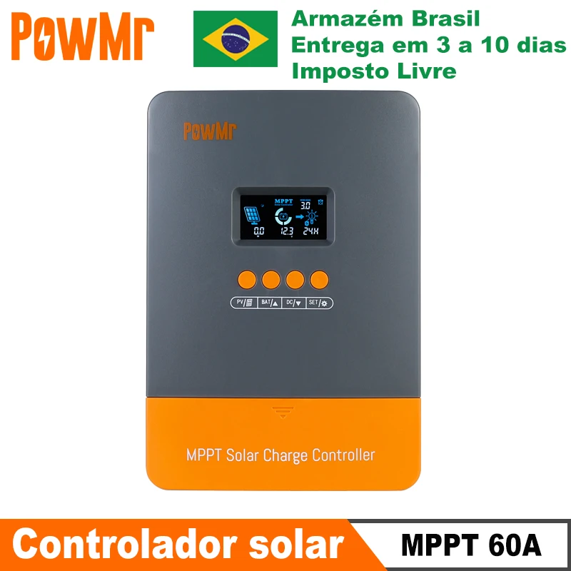 Estoque Brasil PowMr-MPPT Controlador solar do carregador, auto carregador de bateria LiFePO4, regulador do painel solar, entrada máxima do picovolt, 160VDC, 60A, 12V, 24V, 36V, 48V