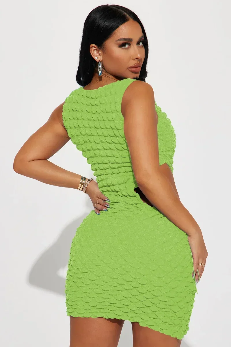 GUWU เซ็กซี่ Cutout Drawstring ม้วนเอว Seersucker แขนกุด V คอถัง Bodycon ชุดสั้นฤดูร้อน Chic ชุดสตรี