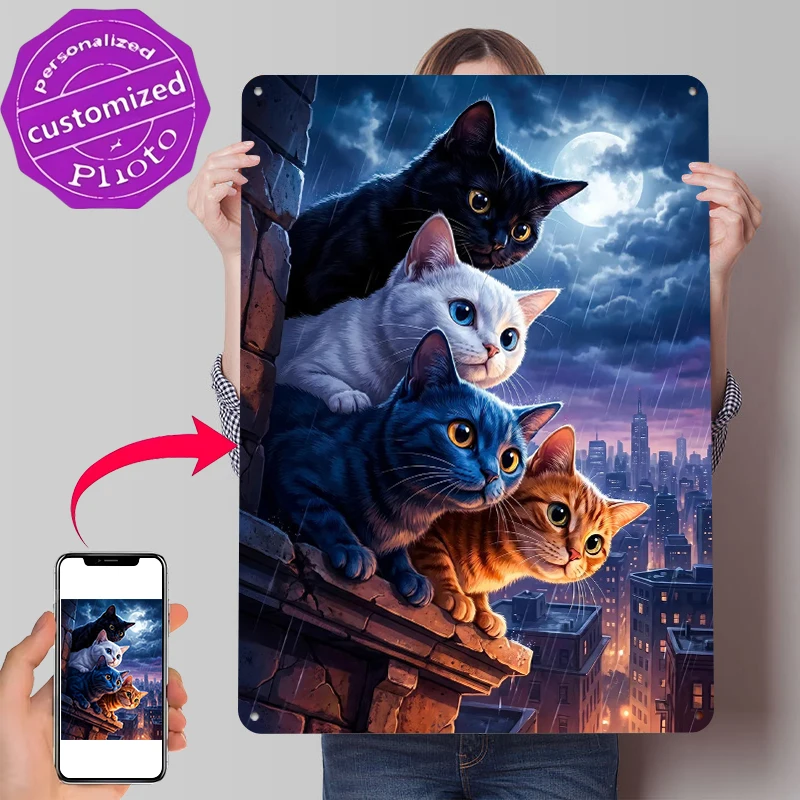 Four Cats on a Rooftop At Night Poster Customized Vintage Metal Signs Wall Art Retro Tin Plaque for Luxury Home Decor Items Room