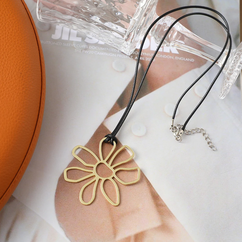 Vintage Bohemian Large Hollow Flowers Charms Pendant Necklace With Black Faux Suede Cord Long Necklace Handmade Jewelry image 4
