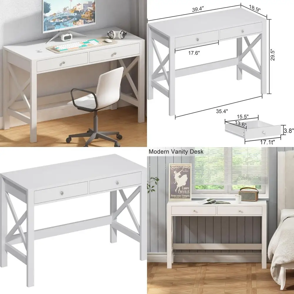 ChooChoo Computer Desk Study for Home Office, Modern Simple 40 Inches White Desk with Drawers, Makeup Vanity Console Table