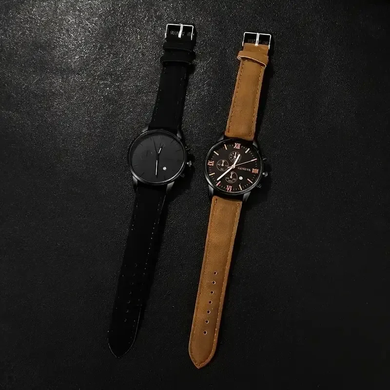 Men 4Pcs Geneva Watch Set Business Casual Quartz Wristwatch Fake Chronograph Mens Dress Watches Gift