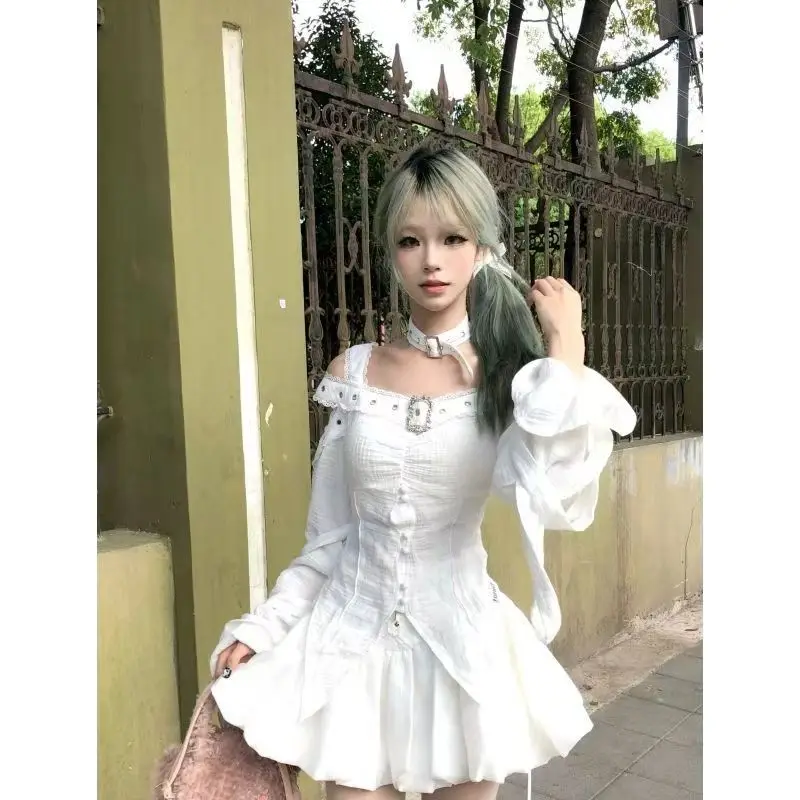 

Gothic Lolita Style 2 Piece Sets Women Punk Style Off Shoulder Long Sleeve Tops Pleated Skirts Harajuku Y2 Aesthetics Chic Suits