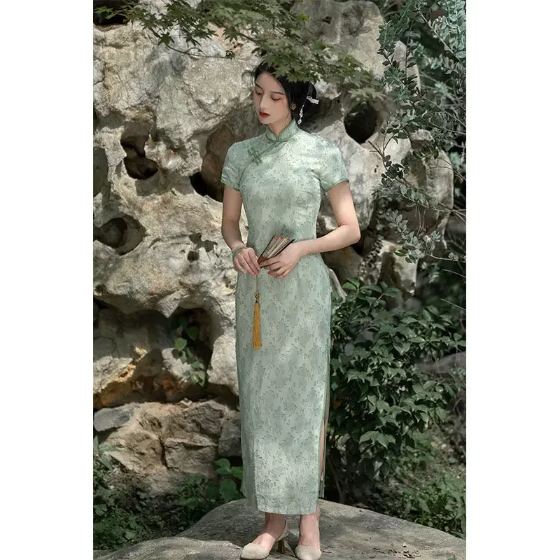 

Улучшенное Cheongsam, новое женское летнее зеленое платье для молодых элегантных девушек в китайском стиле, длинное повседневное праздничное платье в стиле ретро