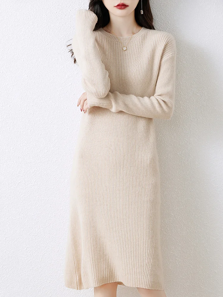 Mini Star Women O-neck Wool Dress Sweater Pullover Autumn Winter Long Sleeve Basic Striped Cashmere Skirts 100% Merino Wool Knit