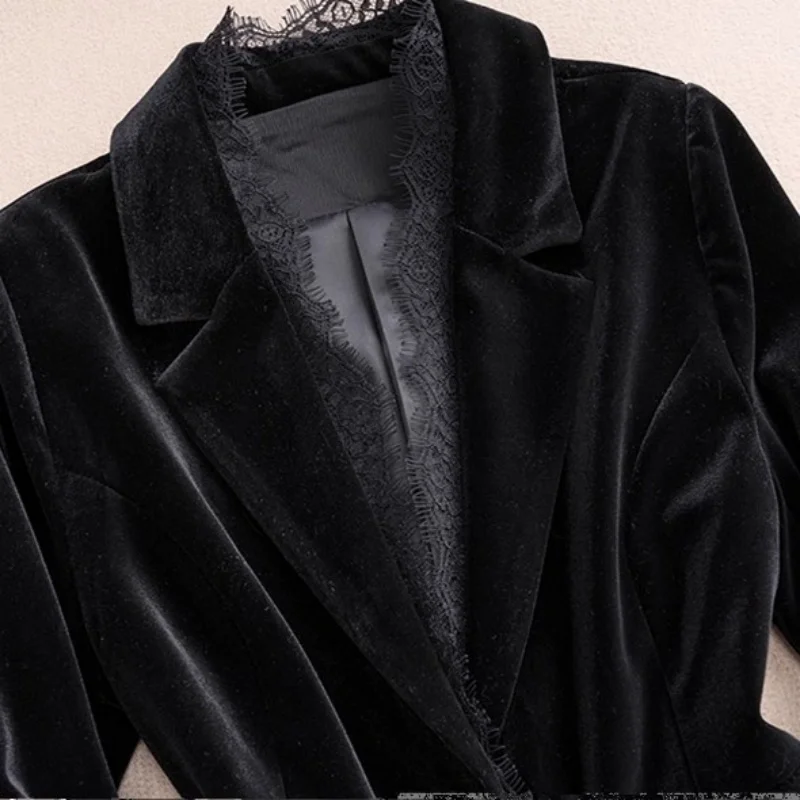 سترة نسائية فاخرة مخملية سوداء مع لمسات ذهبية وحواف من الدانتيل |   ربيع الخريف اقتصاص البدلة أعلى ملابس خارجية w1532