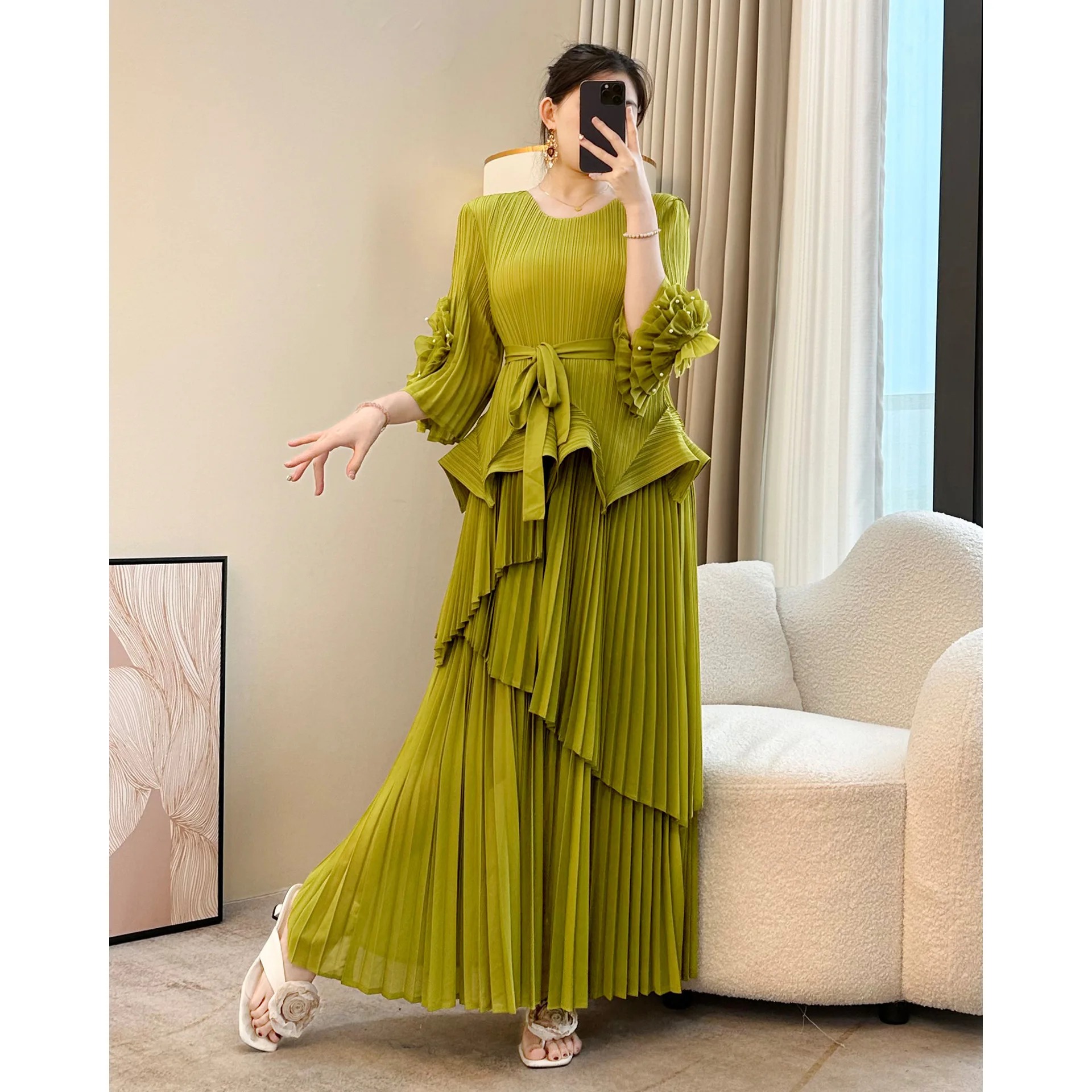 

Miyake Fashion Pleated Plus Size Women's Dress Loose Casual High Elastic Trumpet Sleeve Elegant French Style Women's Long Dress