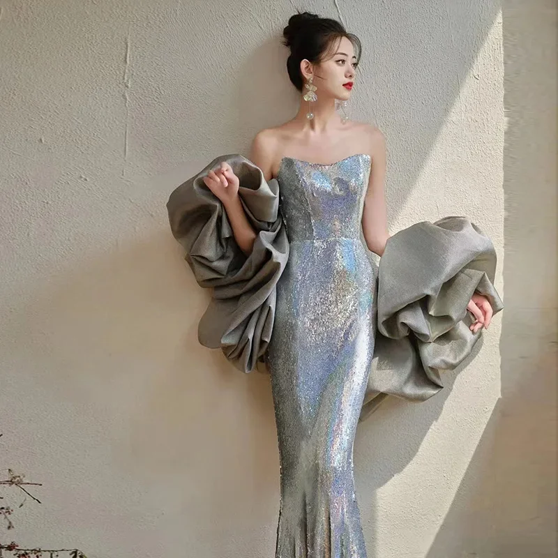 Elegant Boat Neck Prom Dresses Detachable Cape Silver Mermaid Sequins Woman Customized Luxury Evening Celebrity Gowns 2024