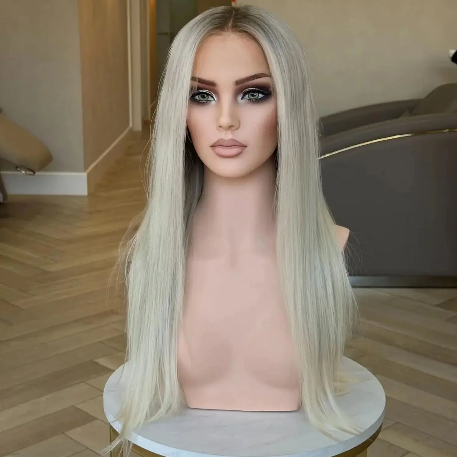 24 Inches Natural Straight Ash Platinum Blonde Synthetic Lace Top Wigs Ombre High Quality Heat Resistant Fiber Wig Costume Woman