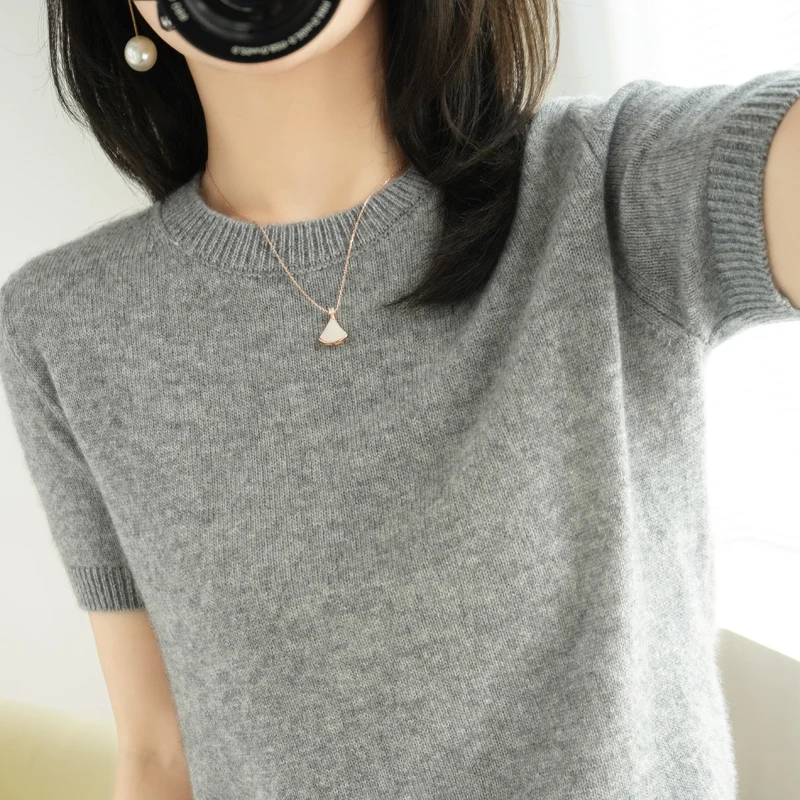 Camiseta Feminina de Verão Nova, Solta, de Manga Curta, em Tricô de Lã, Fina de Algodão, Gola V, Meia Manga, Estilo Casual pa...