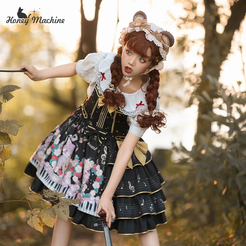 Vestido de floresta para cosplay, impressão de urso bonito, Lolita Falbala, cintura alta, vestido vitoriano, laço bowknot, Loli