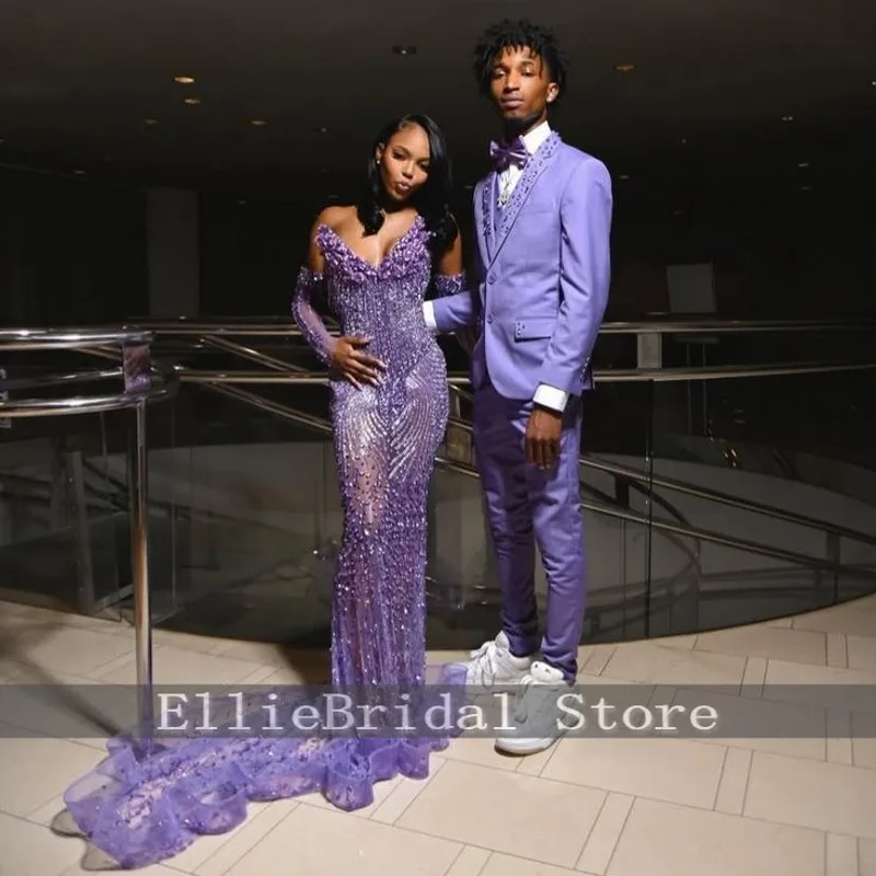 高級パープルウエディングドレス 2026 V ネッククリスタルスパンコールパーティードレス取り外し可能な袖アフリカ人魚のイブニングドレスカスタマイズ