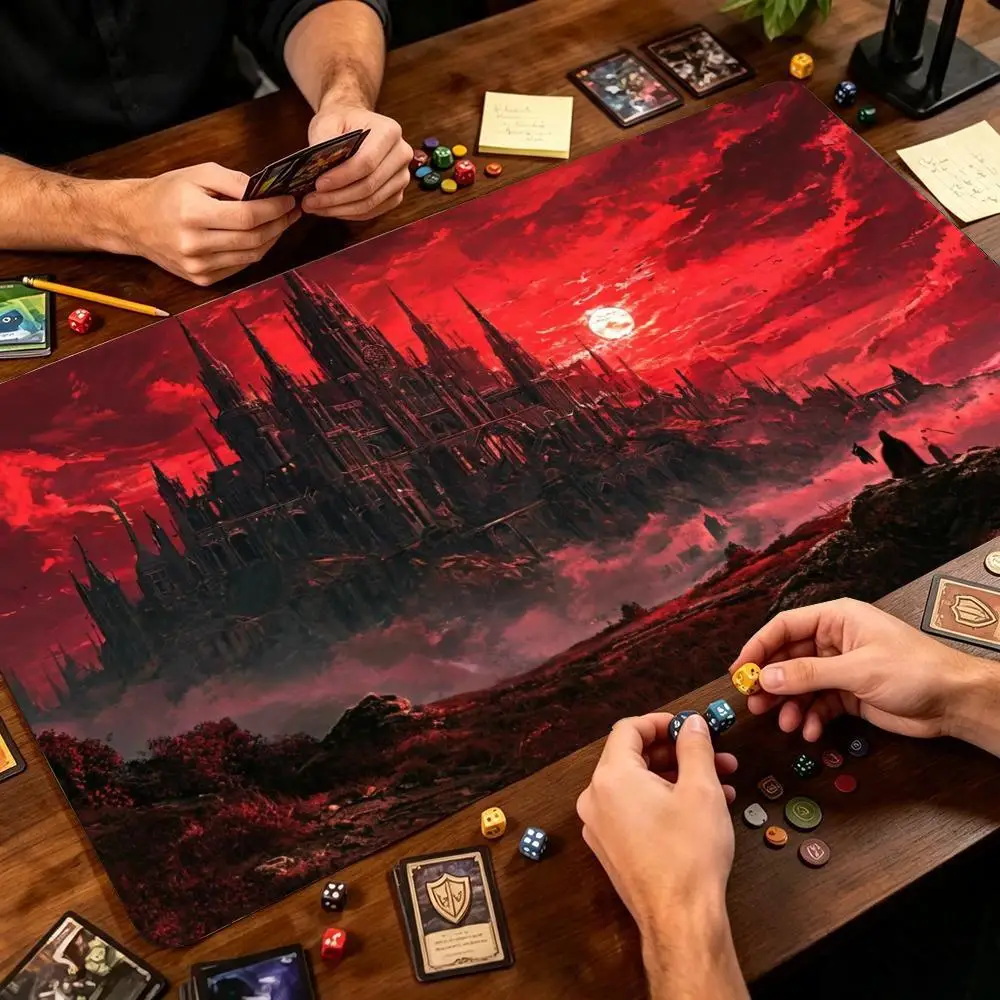 Dark Red Blood Moon Gothic Castle Game Play Mat Smooth Thick Rubber Base For Card Tabletop Gaming And Computer Desk Setup