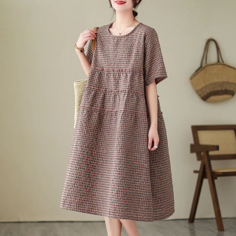 

Clearance Leak-Picking ~ 2024 Summer New Cotton and Linen Dress Women Loose Plus size Retro Plaid Linen A Word Large Swing Skirt